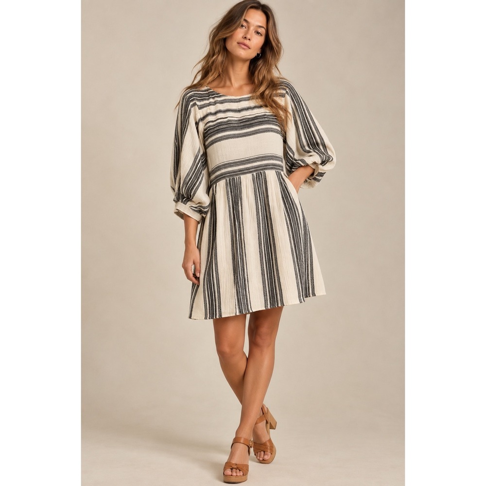 Free People Black Ivory Striped Cotton Gauze Puff Sleeve Babydoll Mini Dress M